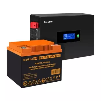 Инвертор ExeGate IdealSine SR-1000/HRL 12-45 (12В, 45Ач) , 1000 В·А, 1 кВт, EURO, розеток - 2, черный (EX297409RUS) (в комплекте внешний аккумулятор)