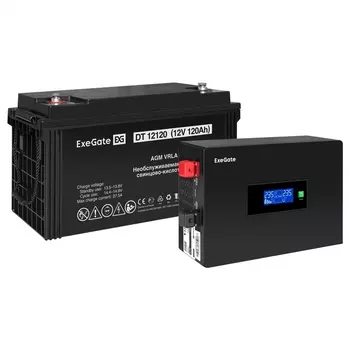 Инвертор ExeGate IdealSine SR-600/DT 12120 (12В, 120Ач) , 600 VA, 600 Вт, EURO, розеток - 2, черный (EX297397RUS) (в комплекте внешний аккумулятор)