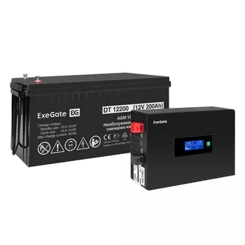 Инвертор ExeGate IdealSine SR-600/DT 12200 (12В, 200Ач) , 600 VA, 600 Вт, EURO, розеток - 2, черный (EX297402RUS) (в комплекте внешний аккумулятор)