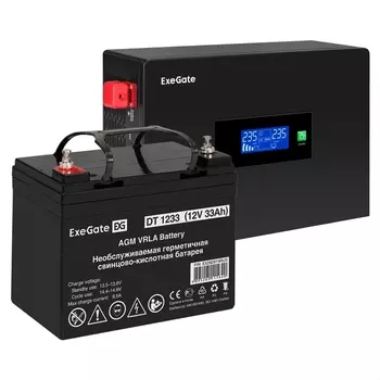 Инвертор ExeGate IdealSine SR-600/DT 1233 (12В, 33Ач) , 600 VA, 600 Вт, EURO, розеток - 2, черный (EX297382RUS) (в комплекте внешний аккумулятор)