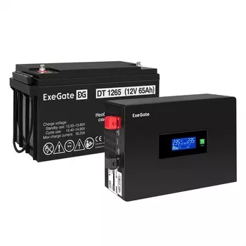 Инвертор ExeGate IdealSine SR-600/DT 1265 (12В, 65Ач) , 600 VA, 600 Вт, EURO, розеток - 2, черный (EX297389RUS) (в комплекте внешний аккумулятор)