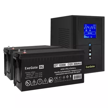 Инвертор ExeGate SineTower SZ-1000/2 x DT 12200 (12В, 200Ач), 1000 В·А, 800 Вт, EURO+IEC, розеток - 3, USB, черный (EX296811RUS) (в комплекте внешний аккумулятор)