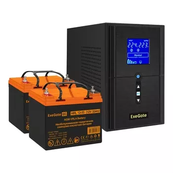 Инвертор ExeGate SineTower SZ-1000/2 x HRL 12-33 (12В, 33Ач), 1000 В·А, 800 Вт, EURO+IEC, розеток - 3, USB, черный (EX296792RUS) (в комплекте внешний аккумулятор)