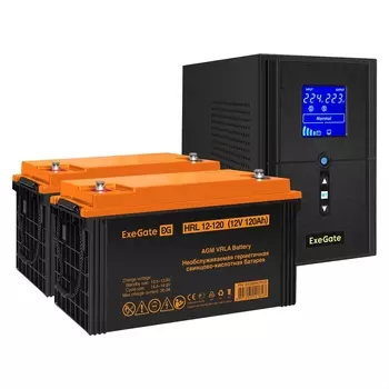 Инвертор ExeGate SineTower SZ-1500/2 x HRL 12-120 (12В, 120Ач), 1500 В·А, 1.2 кВт, EURO+IEC, розеток - 3, USB, черный (EX296830RUS) (в комплекте внешний аккумулятор)