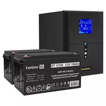 Инвертор ExeGate SineTower SZ-2000/2 x DT 12150 (12В, 150Ач), 2000 В·А, 1.6 кВт, EURO+IEC, розеток - 4, USB, черный (EX296855RUS) (в комплекте внешний аккумулятор)