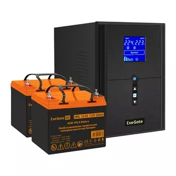 Инвертор ExeGate SineTower SZ-2000/2 x HRL 12-33 (12В, 33Ач), 2000 В·А, 1.6 кВт, EURO+IEC, розеток - 4, USB, черный (EX296838RUS) (в комплекте внешний аккумулятор)