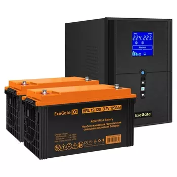 Инвертор ExeGate SineTower SZ-2000/2 x HRL 12-120 (12В, 120Ач), 2000 В·А, 1.6 кВт, EURO+IEC, розеток - 4, USB, черный (EX296853RUS) (в комплекте внешний аккумулятор)