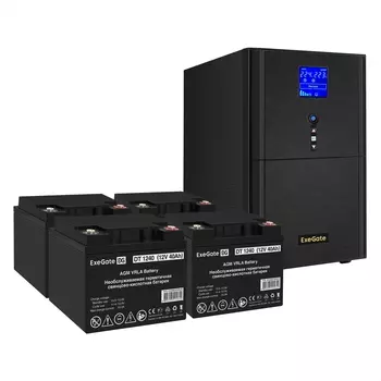 Инвертор ExeGate SineTower SZ-3000/4 x DT 1240 (12В, 40Ач), 3000 В·А, 2.4 кВт, EURO+IEC, розеток - 4, USB, черный (EX296862RUS) (в комплекте внешний аккумулятор)