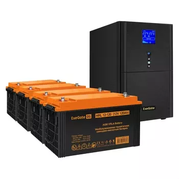Инвертор ExeGate SineTower SZ-5000/4 x HRL 12-120 (12В, 120Ач), 5000 В·А, 4 кВт, EURO/клемная колодка, розеток - 3, USB, черный (EX296899RUS) (в комплекте внешний аккумулятор)