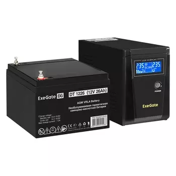 Инвертор ExeGate SineTower SZ-600/DT 1226 (12В, 26Ач), 600 VA, 360 Вт, EURO, розеток - 1, USB, черный (EX296766RUS) (в комплекте внешний аккумулятор)