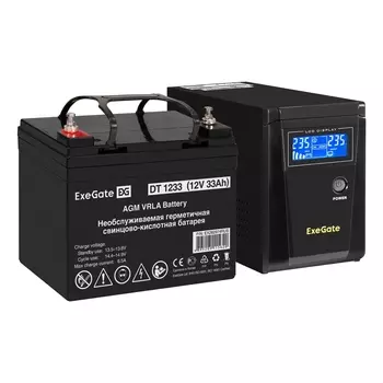 Инвертор ExeGate SineTower SZ-600/DT 1233 (12В, 33Ач), 600 VA, 360 Вт, EURO, розеток - 1, USB, черный (EX296768RUS) (в комплекте внешний аккумулятор)