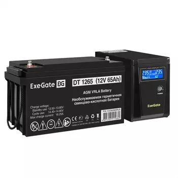 Инвертор ExeGate SineTower SZ-600/DT 1265 (12В, 65Ач), 600 VA, 360 Вт, EURO, розеток - 1, USB, черный (EX296775RUS) (в комплекте внешний аккумулятор)
