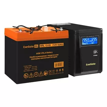 Инвертор ExeGate SineTower SZ-600/HRL 12-55 (12В, 55Ач), 600 VA, 360 Вт, EURO, розеток - 1, USB, черный (EX296774RUS) (в комплекте внешний аккумулятор)
