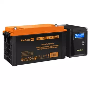 Инвертор ExeGate SineTower SZ-600/HRL 12-120 (12В, 120Ач), 600 VA, 360 Вт, EURO, розеток - 1, USB, черный (EX296784RUS) (в комплекте внешний аккумулятор)