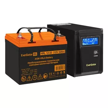 Инвертор ExeGate SineTower SZ-600/HRL 12-33 (12В, 33Ач), 600 VA, 360 Вт, EURO, розеток - 1, USB, черный (EX296769RUS) (в комплекте внешний аккумулятор)