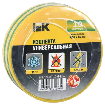 Изолента ПВХ, 130 мкм/1.5 см/10 м, желто-зеленая, IEK (UIZ-13-10-10M-K52)