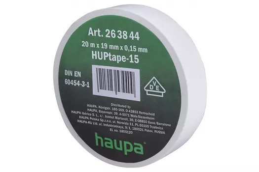 Изолента ПВХ HUPtape-15, 0.15мм/19мм/20м, белая HAUPA (263844)