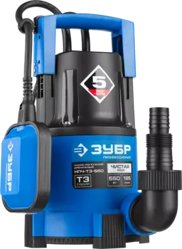 Электрический водяной насос ЗУБР НПЧ-Т3-550 , 550Вт, погружной, дренажный, производительность 11.1 м/час, глубина погружения 7м, 5кг