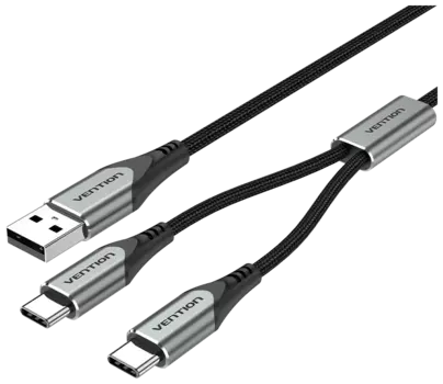 Кабель 2xUSB Type-C-USB, экранированный, 2.4A быстрая зарядка, 1м, черный/серебристый Vention (CQOHF)