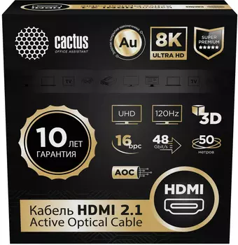 Кабель HDMI(19M)-HDMI(19M) v2.1 4K/8K, экранированный, 50 м, черный Cactus CS-HDMI-AOC-2.1-50 (CS-HDMI-AOC-2.1-50)