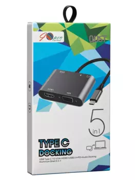 Кабель-переходник (адаптер) Type-C(M)-HDMI(19F)/USB 2.0(AF)/USB 2.0 Type-C(F)/VGA(15F)/Jack 3.5mm(F) 4K, 15 см, серый AOpen ACU4511 (ACU4511)