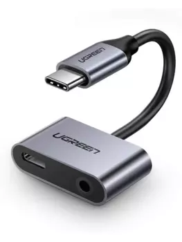 Кабель-переходник (адаптер) USB Type-C(M)-Jack 3.5mm(F)/USB Type-C(F), экранированный, 10 см, серебристый UGREEN CM193 (50596)