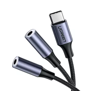 Кабель-разветвитель USB Type-C(M)-2xJack 3.5mm(F), экранированный, 20см, серебристый UGREEN AV144 (30732)
