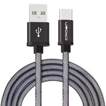 Кабель USB2.0-USB Type-C, Crown, круглый, в нейлоновой оплетке, коннекторы метал, 2А, 1м, черный (CMCU-3072C)