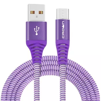 Кабель USB2.0-USB Type-C, Crown, круглый, в тканевой оплетке, коннекторы метал, 2А, 1м, фиолетовый (CMCU-3102C)