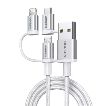 Кабель USB-2xLightning 8-pin+USB Type-C+Micro USB, экранированный, 3A, 1.5м, белый UGREEN US186 (50203)