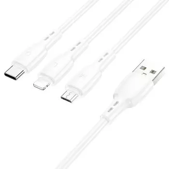 Кабель USB 2.0(Am)-Lightning 8-pin(m)+Micro USB 2.0(Am)+USB 2.0 Type-C(m), 2A, 1м, белый Borofone BX71 (6974443384550)