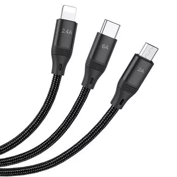 Кабель USB 2.0(Am)-Lightning 8-pin(m)+Micro USB 2.0(Am)+USB 2.0 Type-C(m), 6A быстрая зарядка, 1.2м, черный HOCO Ultra U104 (55933)