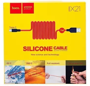 Кабель USB-Type-C, 2.4A быстрая зарядка, 1м, черный/красный HOCO Silicone X21