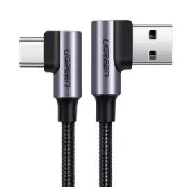 Кабель USB-USB Type-C, угловой, экранированный, 3A быстрая зарядка, 1м, черный UGREEN US284 (50941)