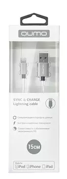 Кабель USB 2.0-Lightning 8-pin MFI, Qumo, 15см, серебристый, алюминий/нейлон (AP200Sl0.15m)