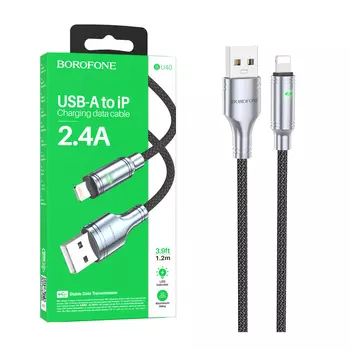 Кабель USB-Lightning 8-pin, быстрая зарядка, 2.4А, 1.2 м, черный, Borofone BU40