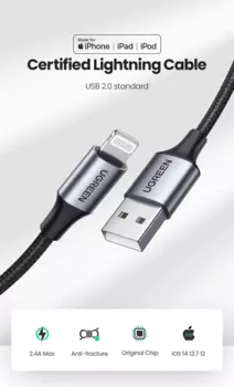 Кабель USB-Lightning 8-pin, MFi, 2.4A, 2м, черный UGREEN US199 (60158)