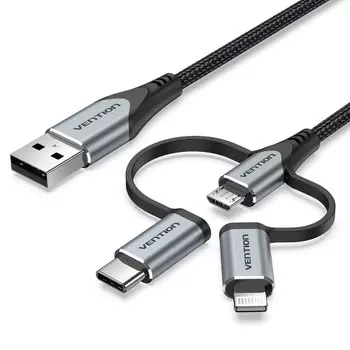 Кабель USB-Lightning 8-pin+USB Type-C+Micro USB, экранированный, быстрая зарядка, 3А, 1 м, черный, Vention CQJH (CQJHF)