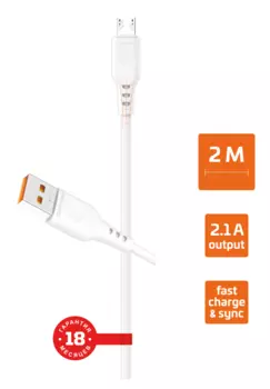 Кабель USB-Micro USB, быстрая зарядка, 2.1А, 2 м, белый, GoPower GP01M-2M (00-00022772)
