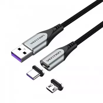 Кабель USB-Micro USB+USB Type-C, магнитный, экранированный, быстрая зарядка, 5А, 50 см, черный/серый, Vention CQN (CQNHD)