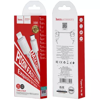 Кабель USB Type-C-Lightning 8-pin, быстрая зарядка, 2.4А, 1 м, белый, HOCO X88 Gratified (6931474783295)