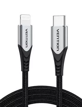 Кабель USB Type-C-Lightning 8-pin, MFi, экранированный, быстрая зарядка, 3А, 1 м, черный/серебристый, Vention TAC (TACHF)