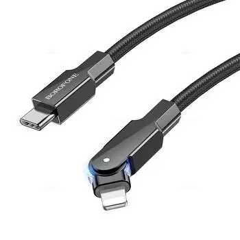 Кабель USB Type-C-Lightning 8-pin, прямой/угловой, быстрая зарядка, 2.4А, 1 м, черный, Borofone BU41 Kelly