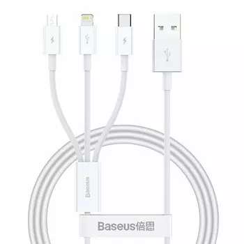 Кабель USB-Type-C/Lightning/microUSB, быстрая зарядка, 2.1А, 1 м, белый, Baseus Superior (P10320105221-00)