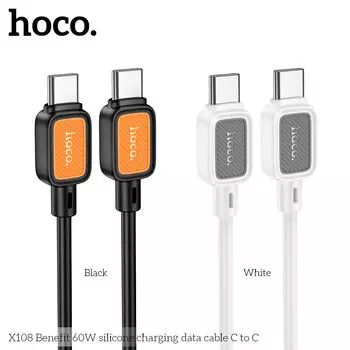 Кабель USB Type-C-USB Type-C, быстрая зарядка, 3А, 60 Вт, 1 м, белый, HOCO Source X108 Benefit