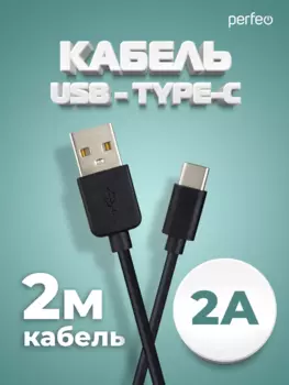 Кабель USB-USB Type-C, 2А, 2 м, черный, PERFEO (U4707)