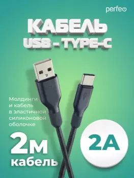 Кабель USB-USB Type-C, 2А, 2 м, черный, PERFEO (U4909)