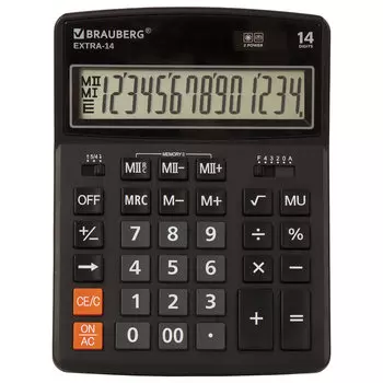 Калькулятор настольный BRAUBERG EXTRA-14-BK, 14-разрядный, однострочный экран, черный (250474)