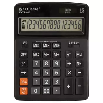 Калькулятор настольный BRAUBERG EXTRA-16-BK, 16-разрядный, однострочный экран, черный (250475)