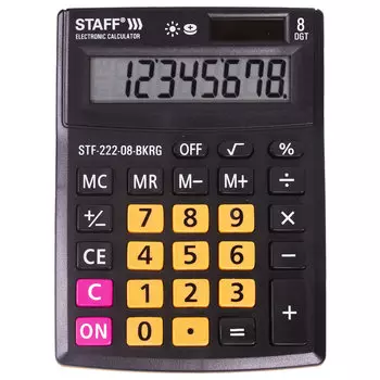Калькулятор настольный STAFF PLUS STF-222-08-BKRG, 8-разрядный, однострочный экран, черный/оранжевый (250469)
